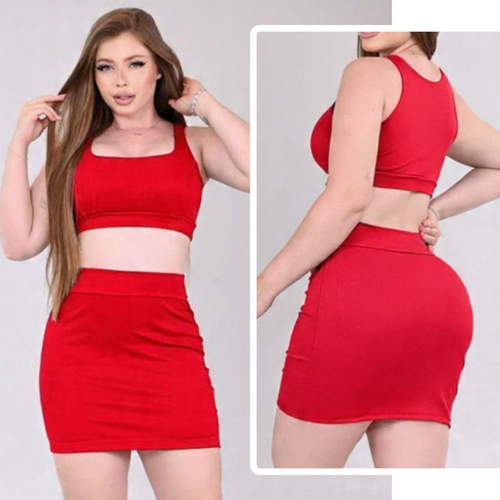 Conjunto Feminino Cropped e Saia Canelado Premium Estilo Casual Chic em Oferta na Shopee