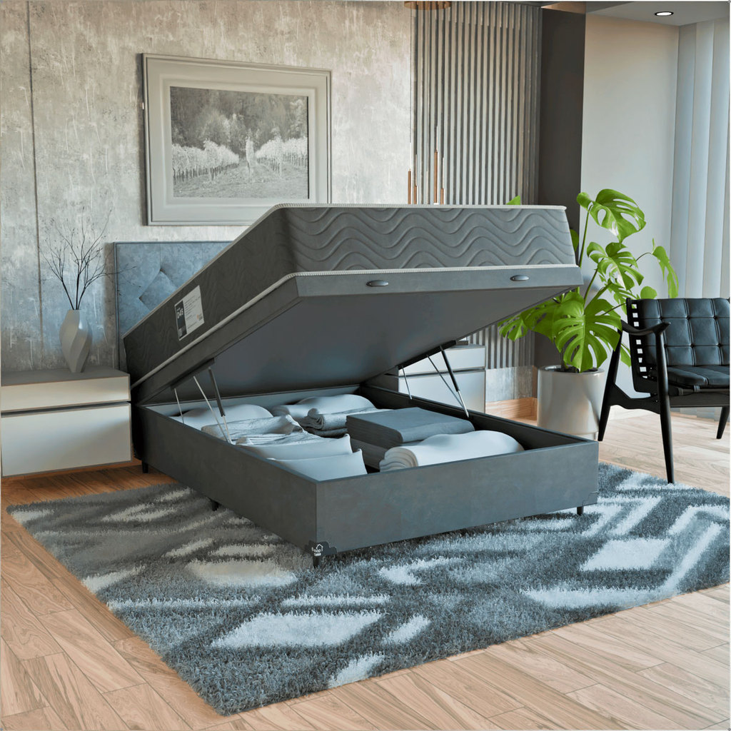 Cama Box Baú Casal + Colchão Prime Espuma D45 Suede Cinza