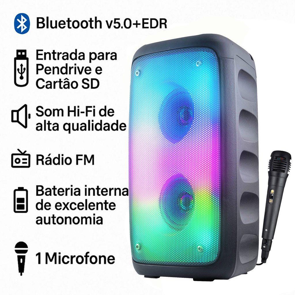 Caixa de Som Bluetooth LED RGB PartyBox Wireless Subwoofer Karaokê Com Microfone — foto 6