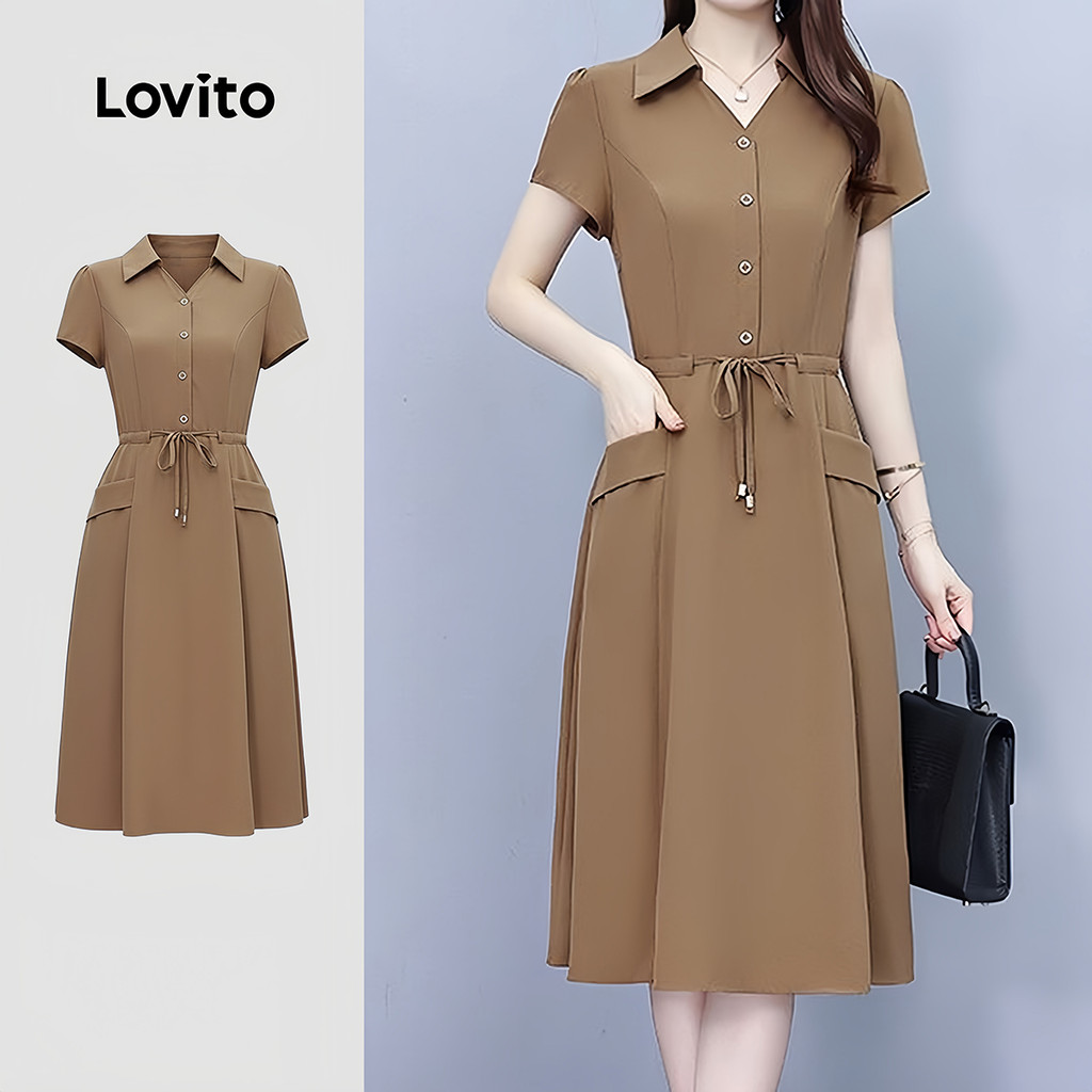 Lovito  Vestido Elegante com Bolso Cordão Botão Na Frente Primavera/verão Khaki para Mulheres LNE134057 em Oferta na Shopee