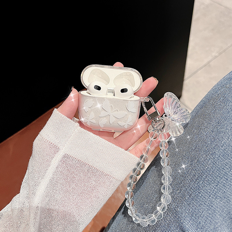 Capa de AirPods Borboleta 3D Com Pulseira de Miçangas de Cristal - Luxo e Brilho para AirPods 4 Pro 2 em Oferta na Shopee