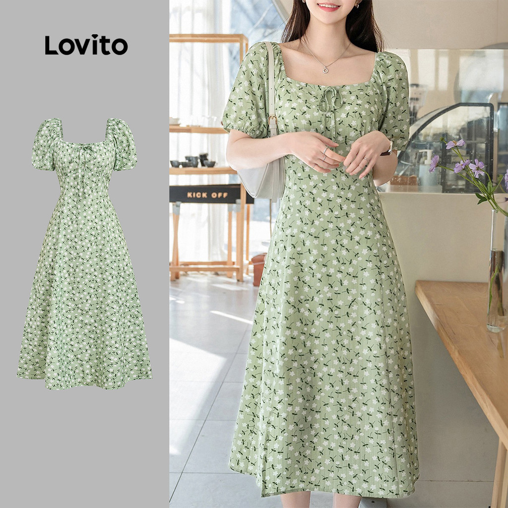 Lovito  Padrão de Vestido Casual com Renda Verde Primavera/verão para Mulheres L178ED201 em Oferta na Shopee