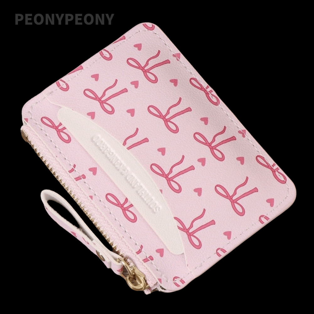 Carteira Com Zíper PEONY , Porta-Cartão De Crédito Fino E Espaçoso , Leve De PVC Laço Fofo Para Mulheres Meninas