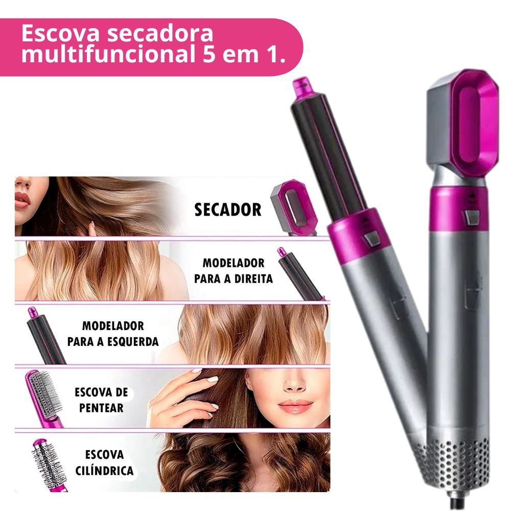 Escova 5 em 1 Secador, Pente, Modelador, Aumenta volume Profissional 110V PINK/PRATA
