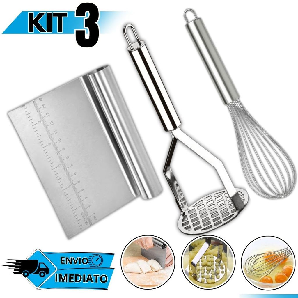 Kit Inox Cozinha Completo Fouet Espátula Reta Amassador Batata Legumes Purê em Oferta na Shopee
