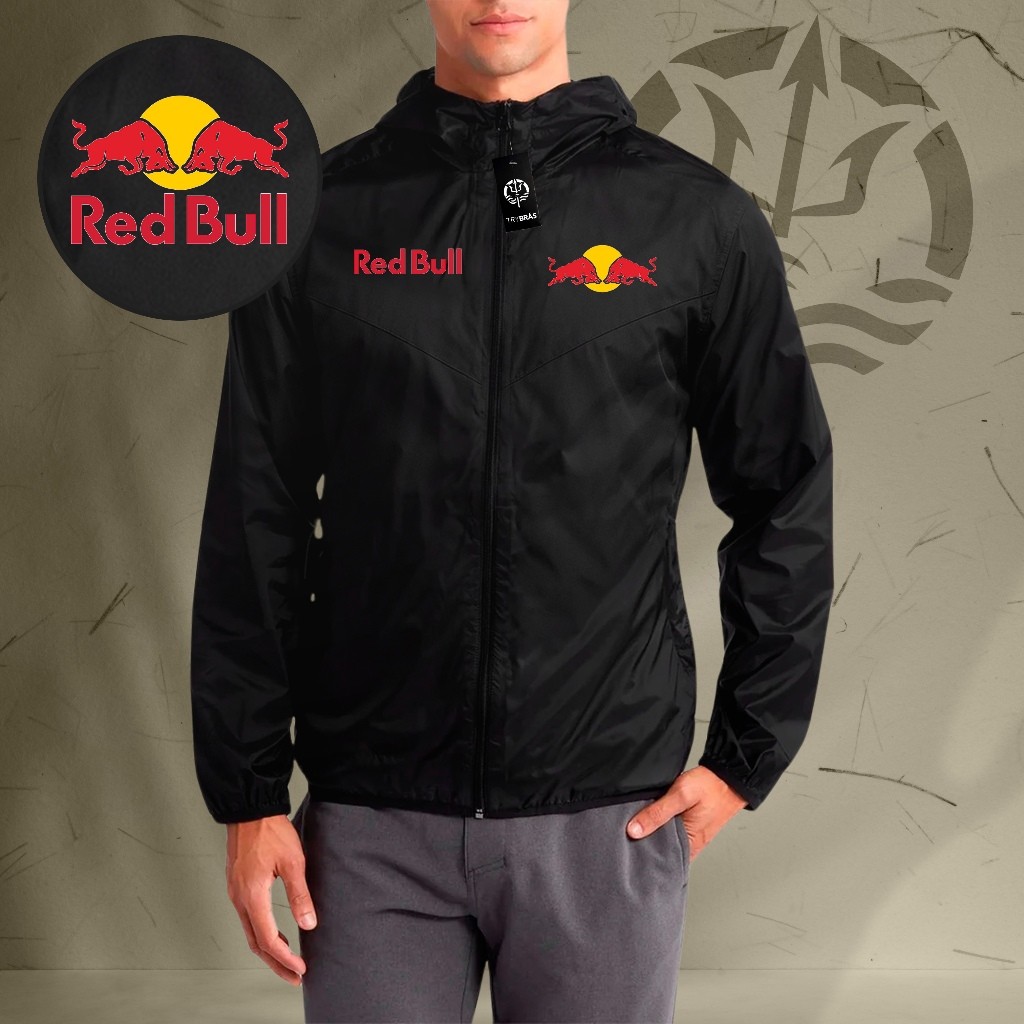Jaqueta Corta Vento Masculina - RED BULL 02 - Com Capuz, Bolso e Zíper - Academia Corrida Esportes