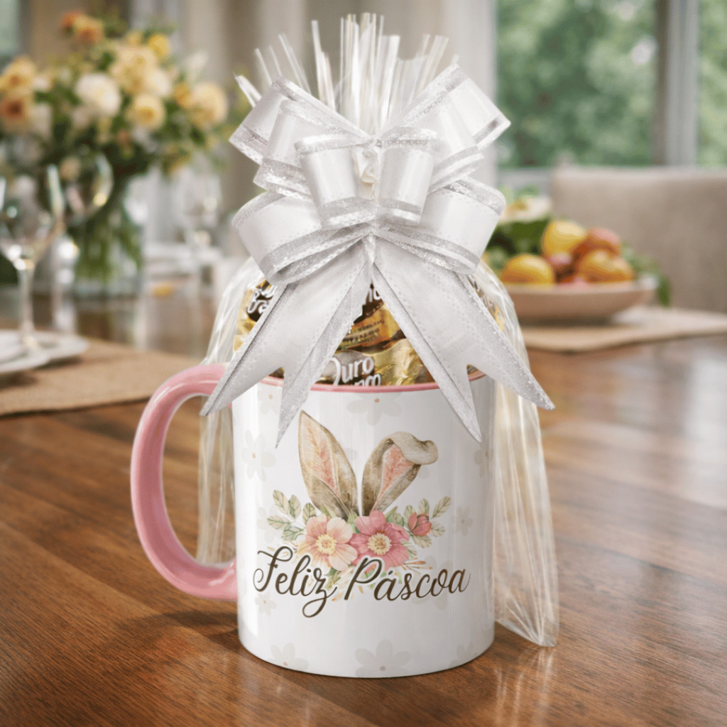 Kit Cesta Presente Feliz Páscoa com Ouro Branco Personalizado – Caneca + Bombons + Laço