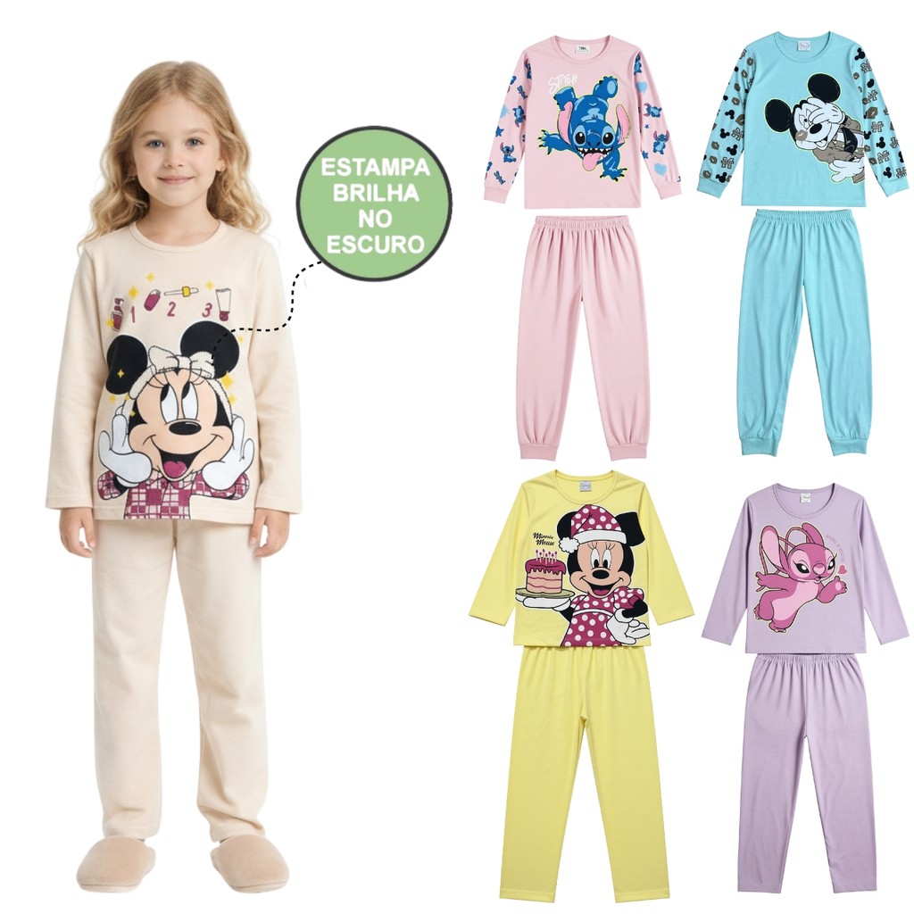 Pijama Brilha no Escuro Manga Longa Menina Infantil Personagens Disney Minnie Stitch Marie Inverno
