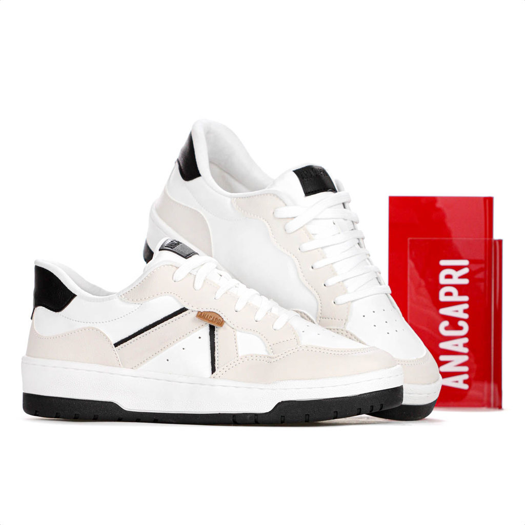 Tênis Anacapri Recortes Kei Branco Creme e Preto - Feminino
