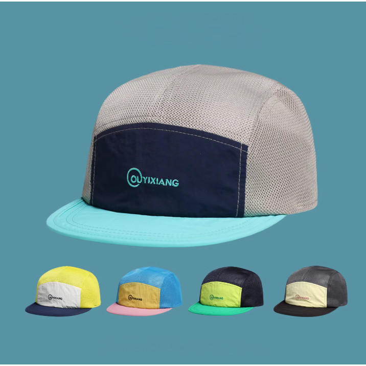 Boné Five Panel Bordado Malha Masculino e Feminino para Camping Pesca Viagem Bicicleta Estilo Moda Aventura Chapéu