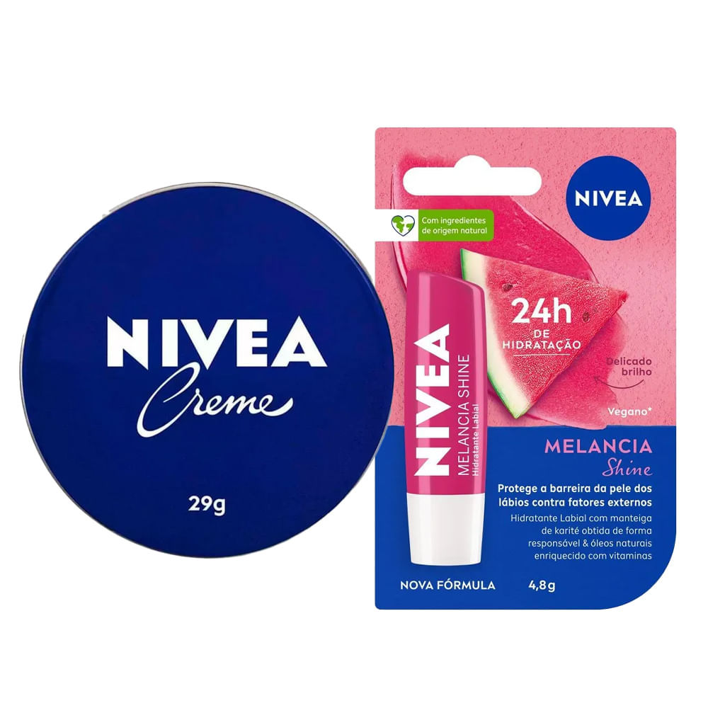 Kit Nivea Care Creme Hidratante Latinha Azul 29g + Hidratante Labial Melancia Shine 4,8g em Oferta na Shopee