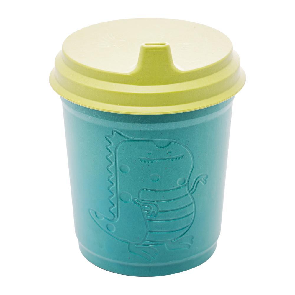 Copo Infantil Baby Dino com Tampa Verde 450ml (Bambu e PP) – Lyor