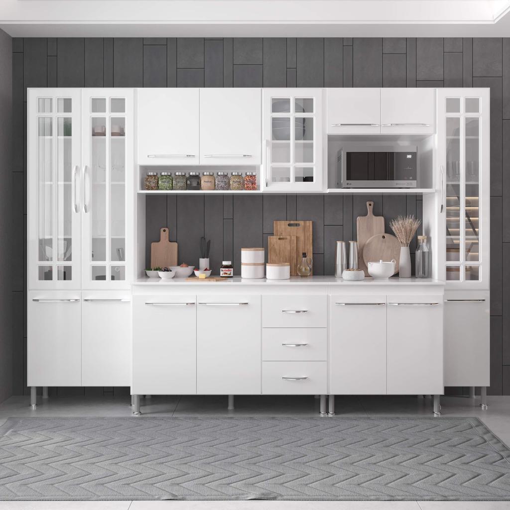 Cozinha Modulada Completa Fidelitá Viena 6 Peças 295cm 15 Portas 3 Gavetas Com Tampo Branco em Oferta na Shopee