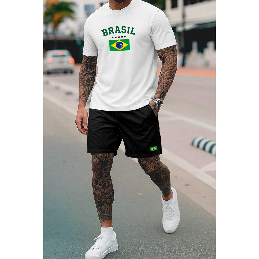 Kit Camiseta e Short Streetwear Brasil 5 Estrelas Conjunto Camisa de Algodão SHORT TECTEL QUALIDADE