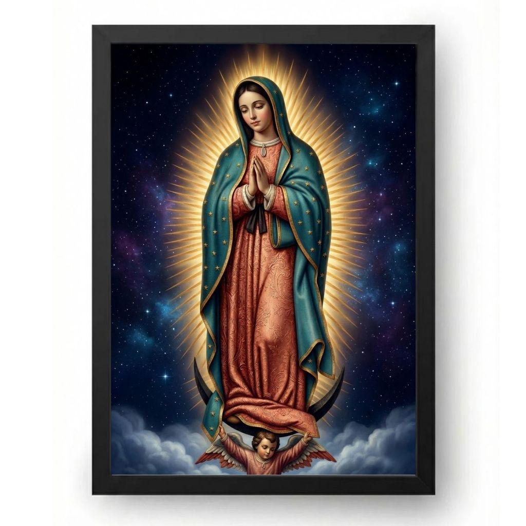 Quadro Placa Decorativa Nossa Senhora de Guadalupe Fundo Estrelas Noite