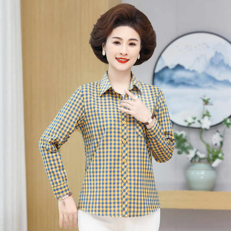 Mãe estilo ocidental camisa de meia-idade idosos primavera outono camisa xadrez de manga comprida feminina de meia-idade