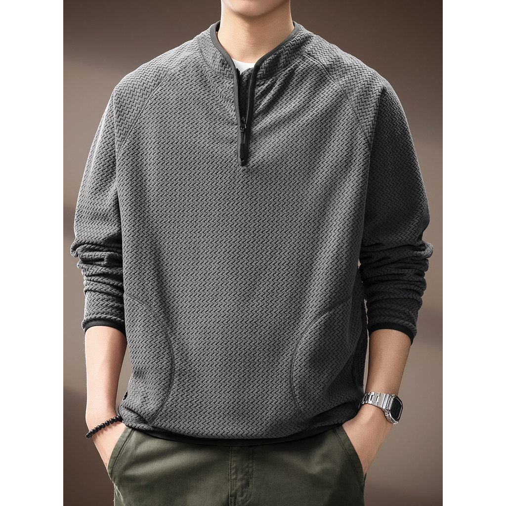 High-End americano Retro onda padrão de manga comprida camiseta masculina 2026 outono novo estilo meio zíper ao ar livre