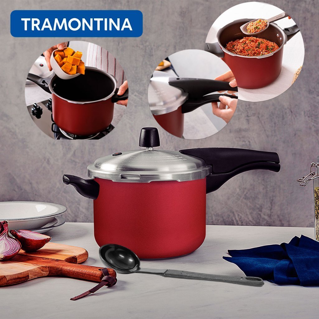 Panela de Pressão 4,5 Litros Tramontina Vancouver Vermelha Antiaderente com Concha de Nylon Preta