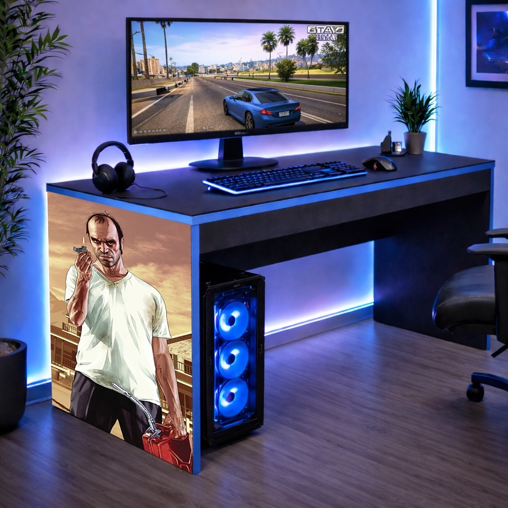 Mesa Escrivaninha Mesinha Gamer com Borda Azul Quarto Jogos Grand Theft Auto GTA 90 Cm