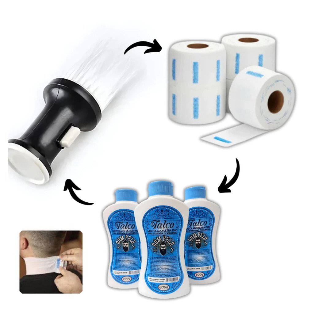 Kit espanador talqueira+100 golas Higienicas+1 Talco Dom Pelo Higiene barbearia.