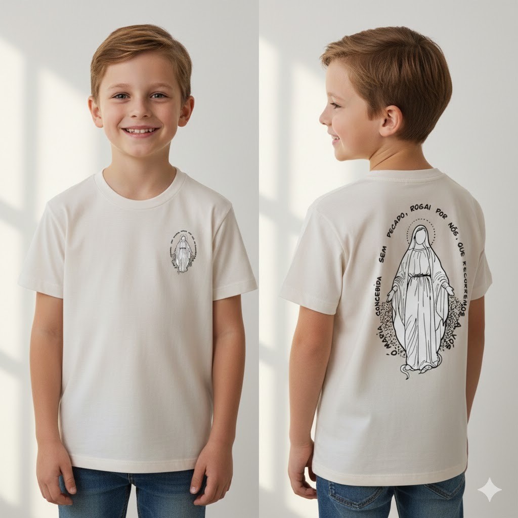 Camisa Infantil Juvenil Católica Nossa Senhora - Malha 100% Algodão - Estampa Religiosa Unissex 2 ao 16