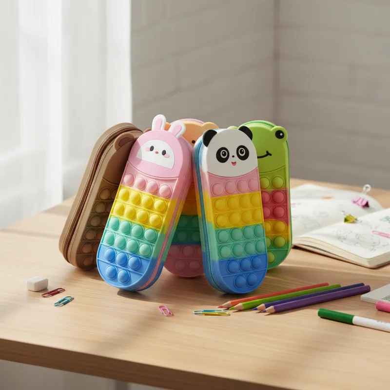 Estojo escolar infantil colorido com tema de animais, divertido e Pop It achadinhos
