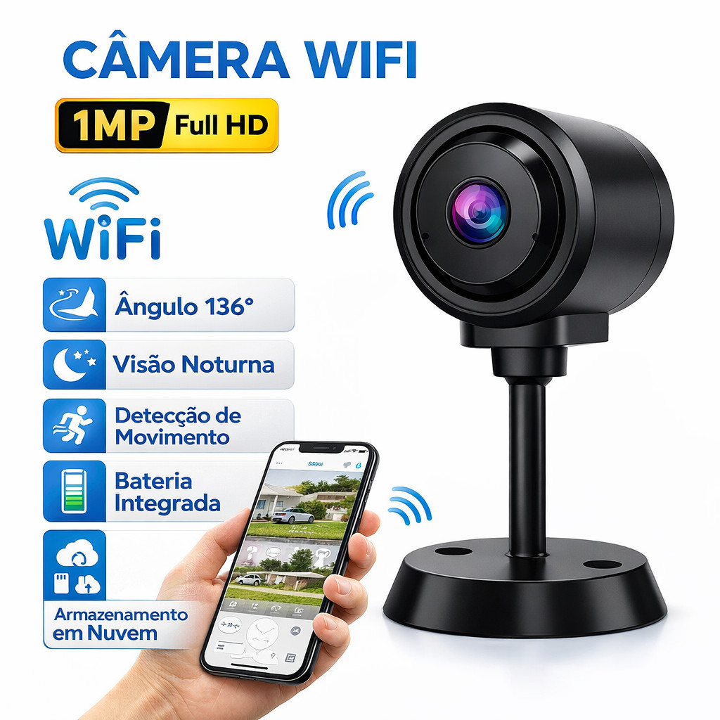 Mini Câmera de Segurança WiFi Sem Fio com Bateria HD Visão Noturna Monitoramento por App