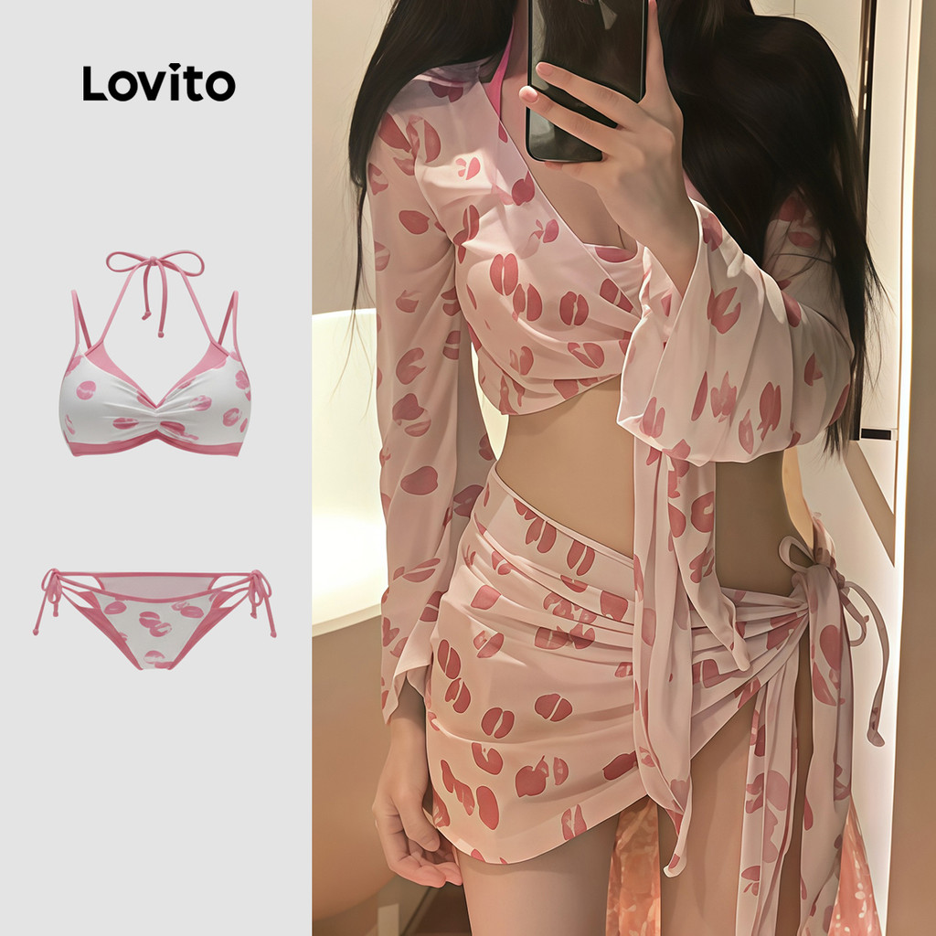 Lovito  Conjuntos de Biquíni Sexy 4 Peças Conjunto Padrão Amarrar Biquíni Primavera/verão para Mulheres LNE134048 em Oferta na Shopee
