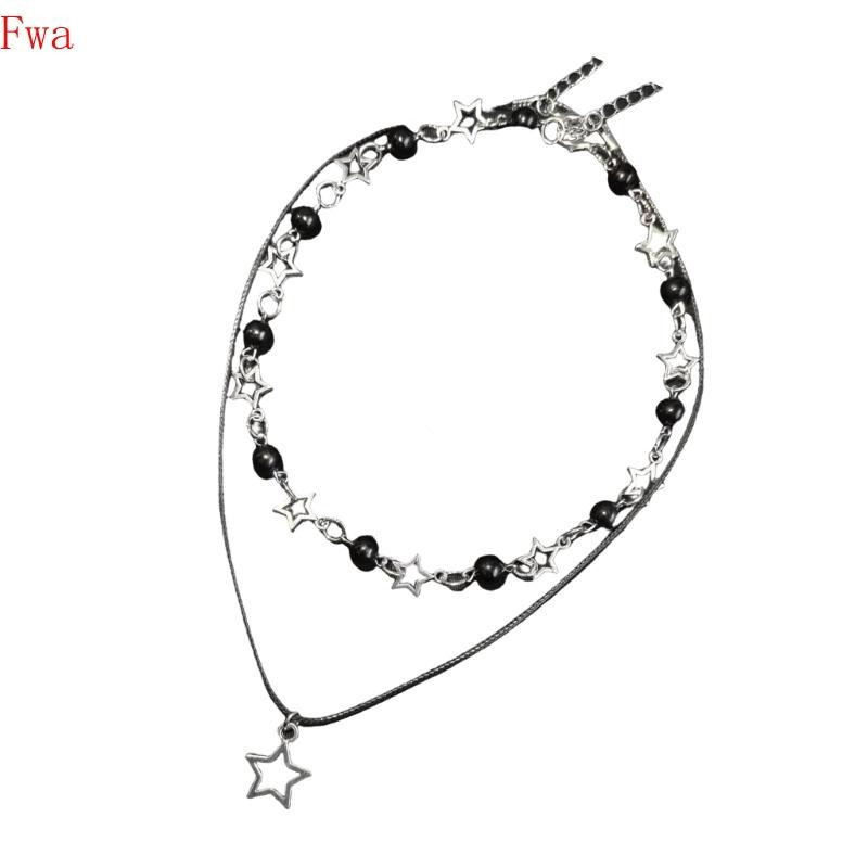 Fwa Trendseting Colar Pingente Estrela Contas Pretas , Corda Couro PU , Gargantilha Comprimento Ajustável P