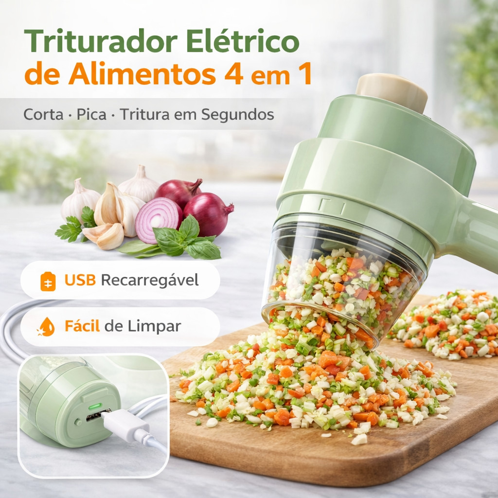 Triturador Elétrico 4 em 1 USB Sem Fio Cortador de Alho e Legumes Mini Processador de Cozi...