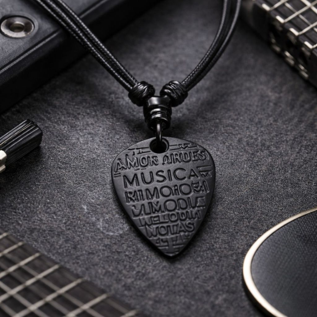 Colar Masculino Palheta Violão Musical All Black Regulável