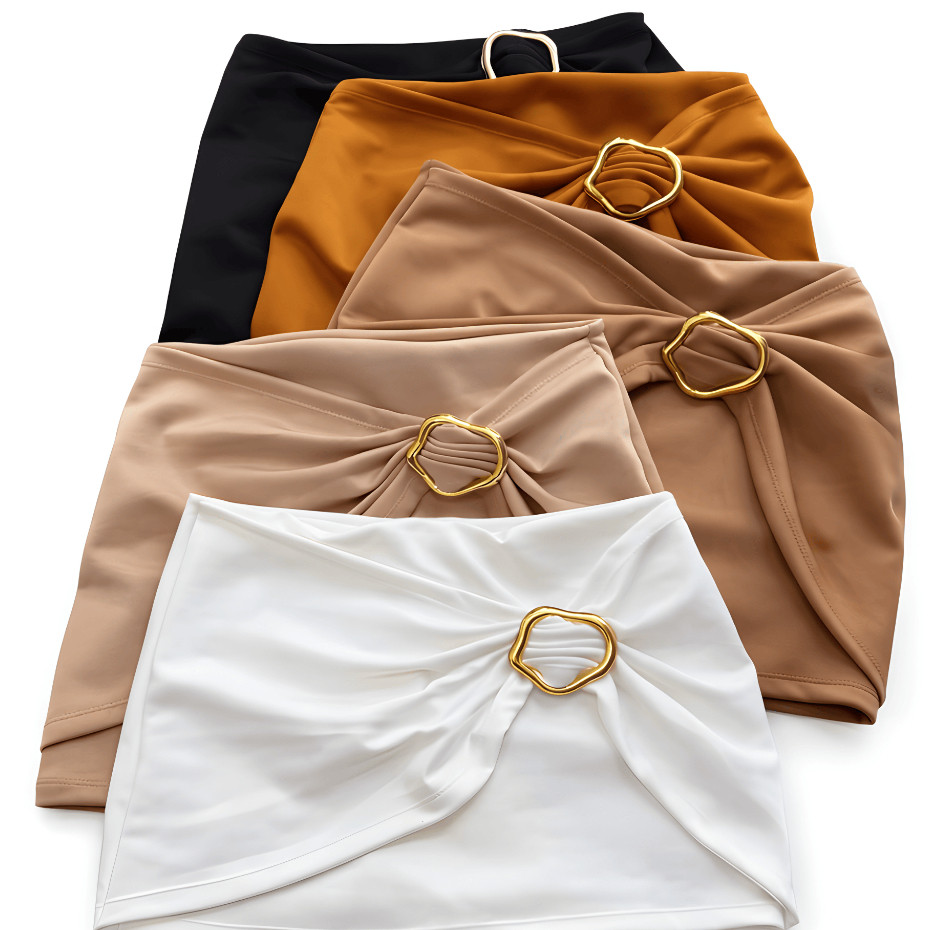 Shorts Saia feminino neoprene cintura alta fivela dourada confortável elegante moda festa