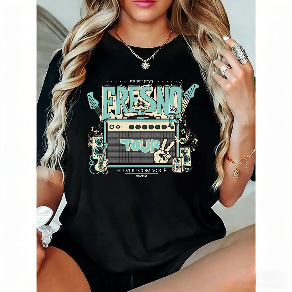 Camiseta Feminina Rock Estilo Retro Cores Suaves Elemntos Musicais Guitarra Amplificador Estampa Moderna Confortável Ten
