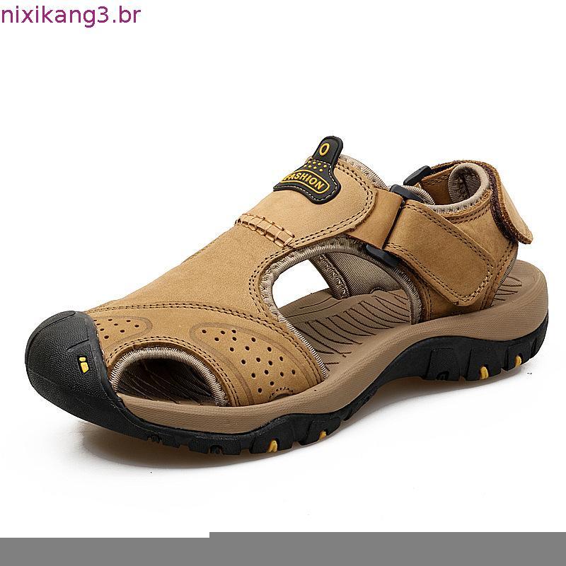 Sandálias Masculinas De Couro Genuíno Verão Praia Sapatos Esportivas