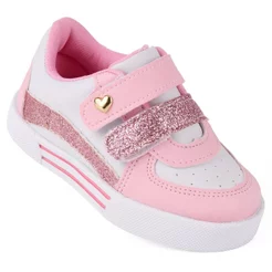 Tênis Infantil Menina Bee Happy Nina Branco e Rosa Glitter Calce Fácil Velcro Duplo Confortável