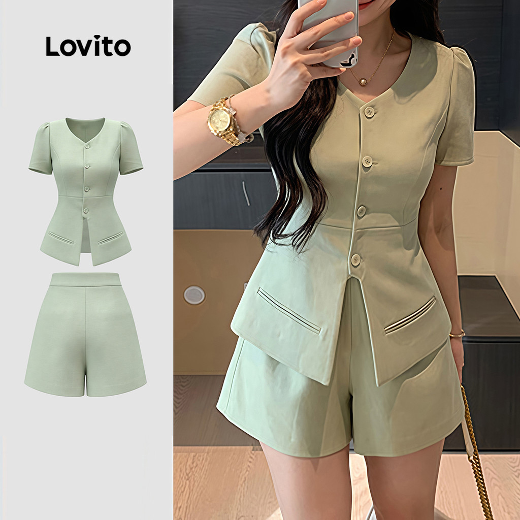 (NEW) Lovito Elegantes Tops ou Calças O Trajeto Primavera/verão Verde ou Calças para mulheres LK4ED868