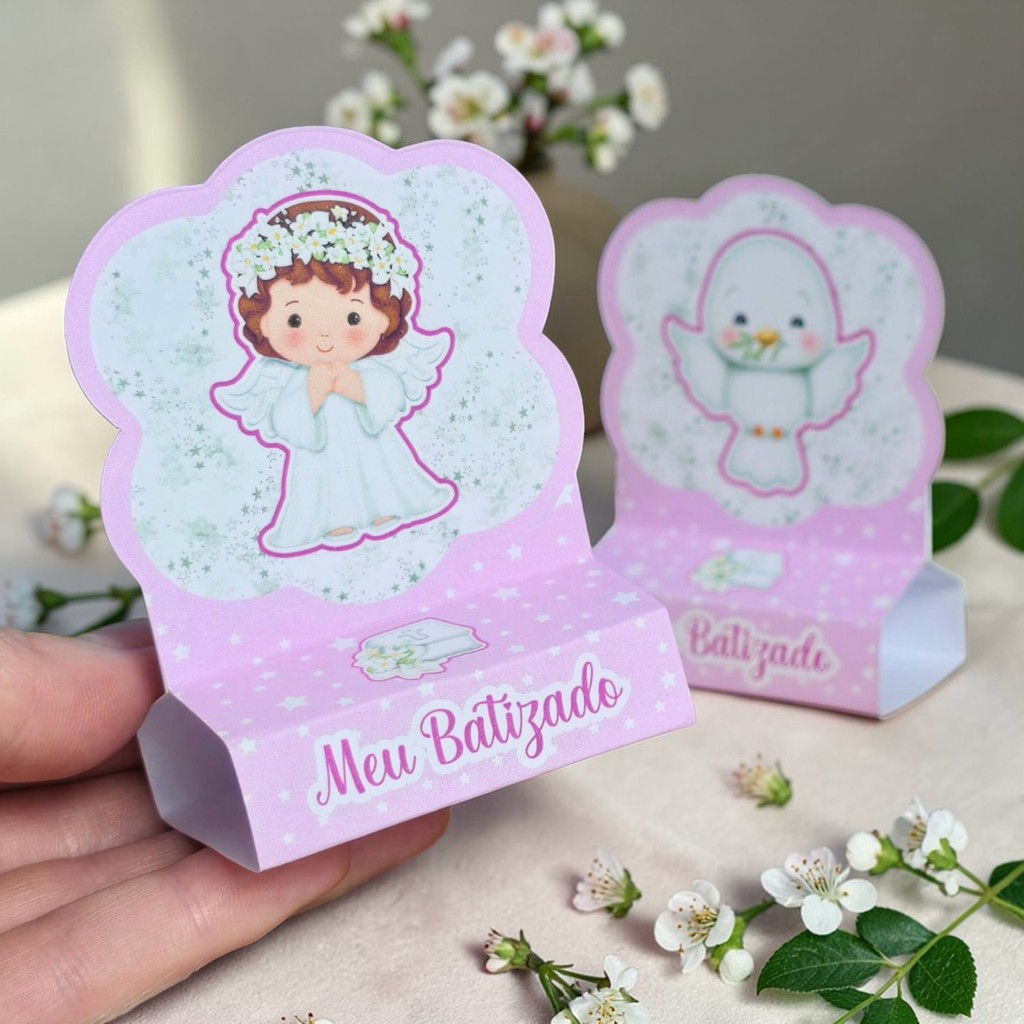 Até 40 Porta Bis duplo BATIZADO ROSA menina - anjinha - Lembrancinha de festa infantil - PEGUE E MONTE