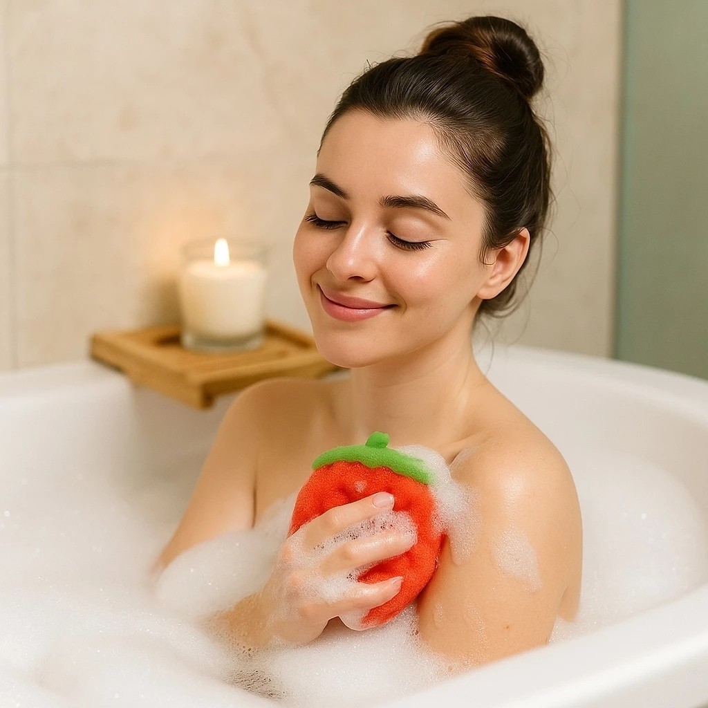 Esponja Banho Fruta Vermelha Macia Espuma Esfoliante Higiene Corpo Pele Acessório Achadinhos