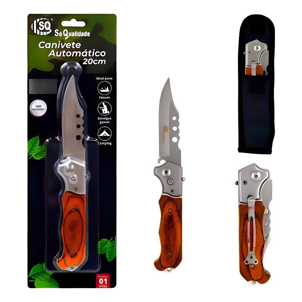 Canivete Automático Pesca Camping Serviço Multiuso C/ Bainha Madeira