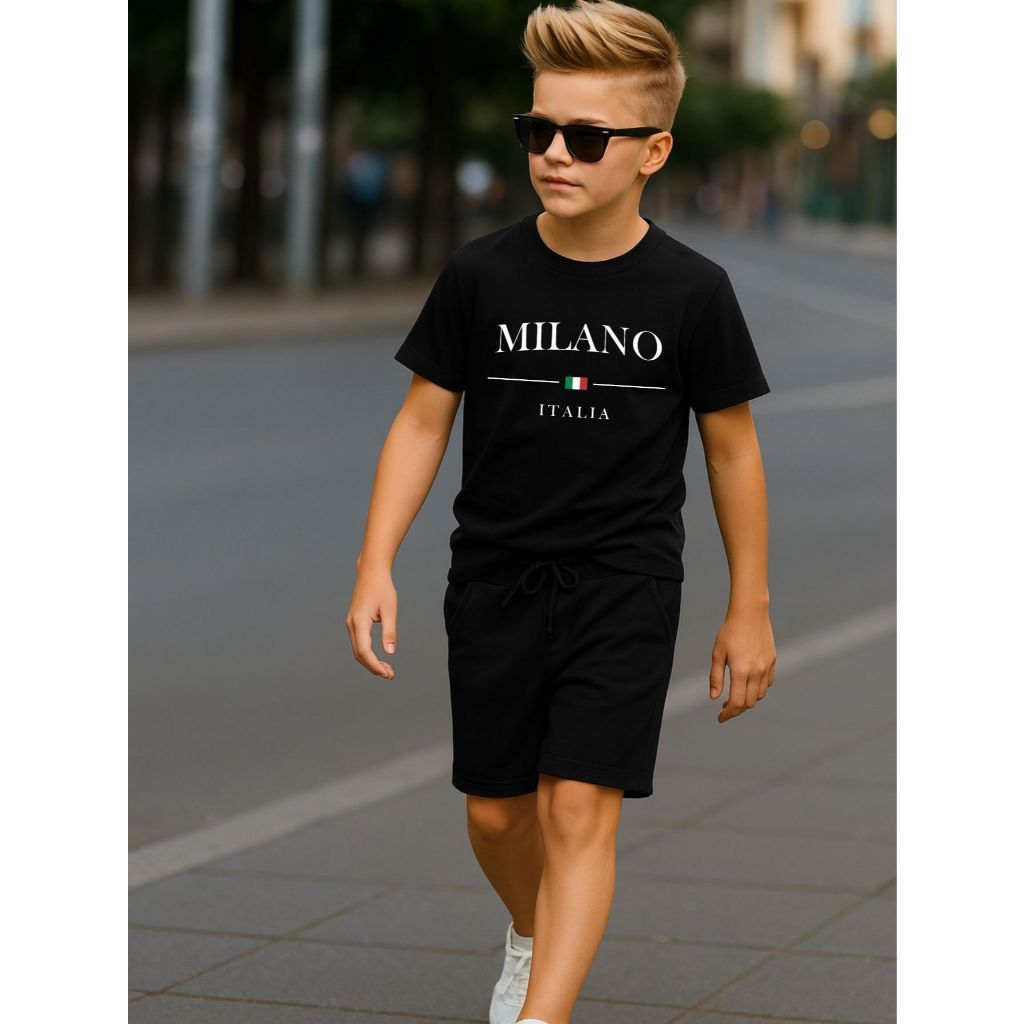 Conjunto Infantil Camiseta e Short Milano Verão Juvenil Roupa Infantil Menino Menina Promoção