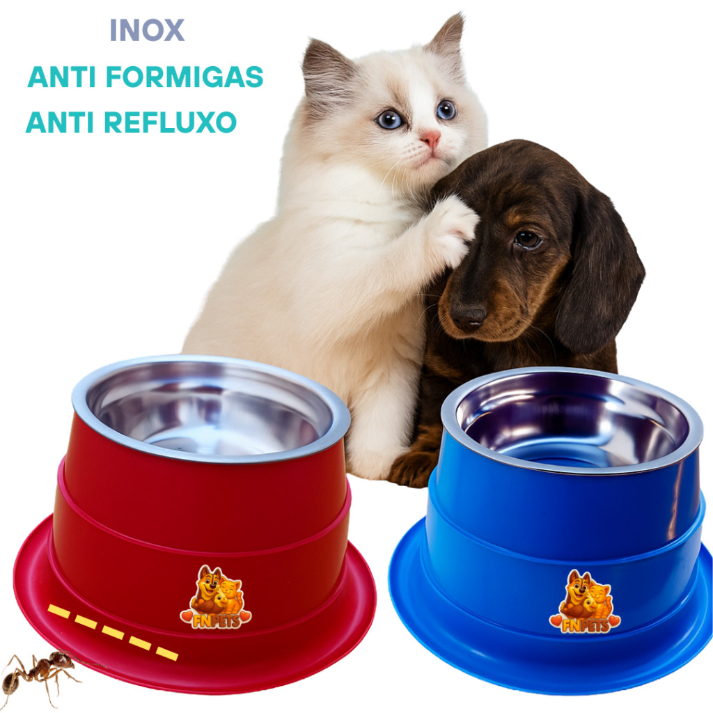Kit até 4 Comedouro Bebedouro inox pet Anti Formigas e Refluxo para Cachorro e Gato FN Pets premium