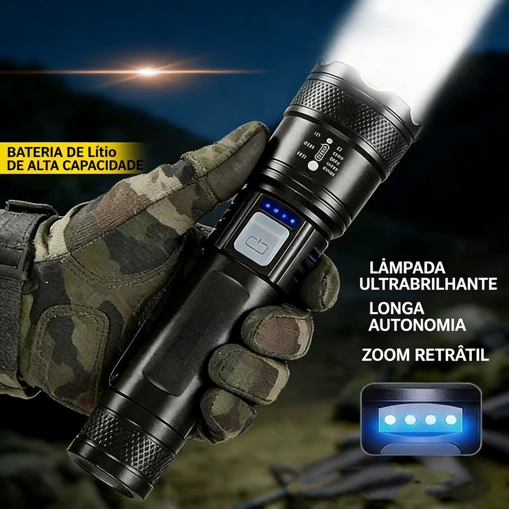 Lanterna Tática LED Militar Forte 4 em 1 USB Recarregável Zoom Longo Alcance Resistente à Água para Camping e Emergência