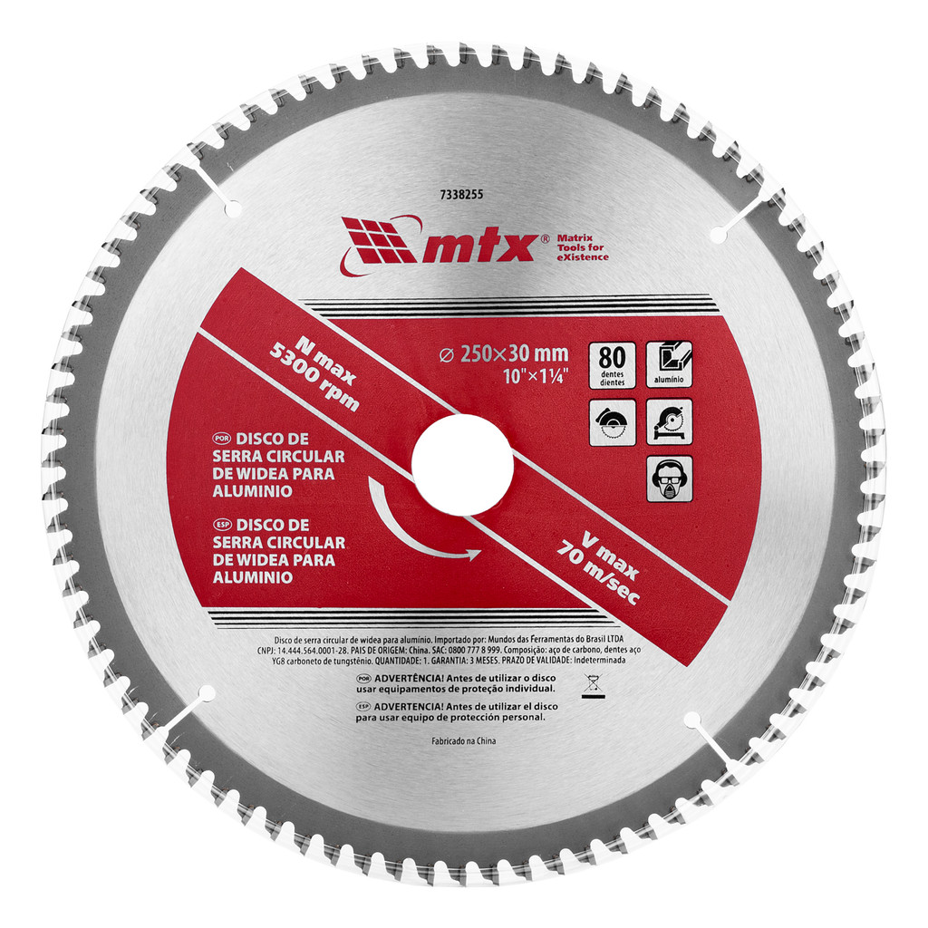 Disco Serra Circular Alumínio 250mm 80 Dentes MTX