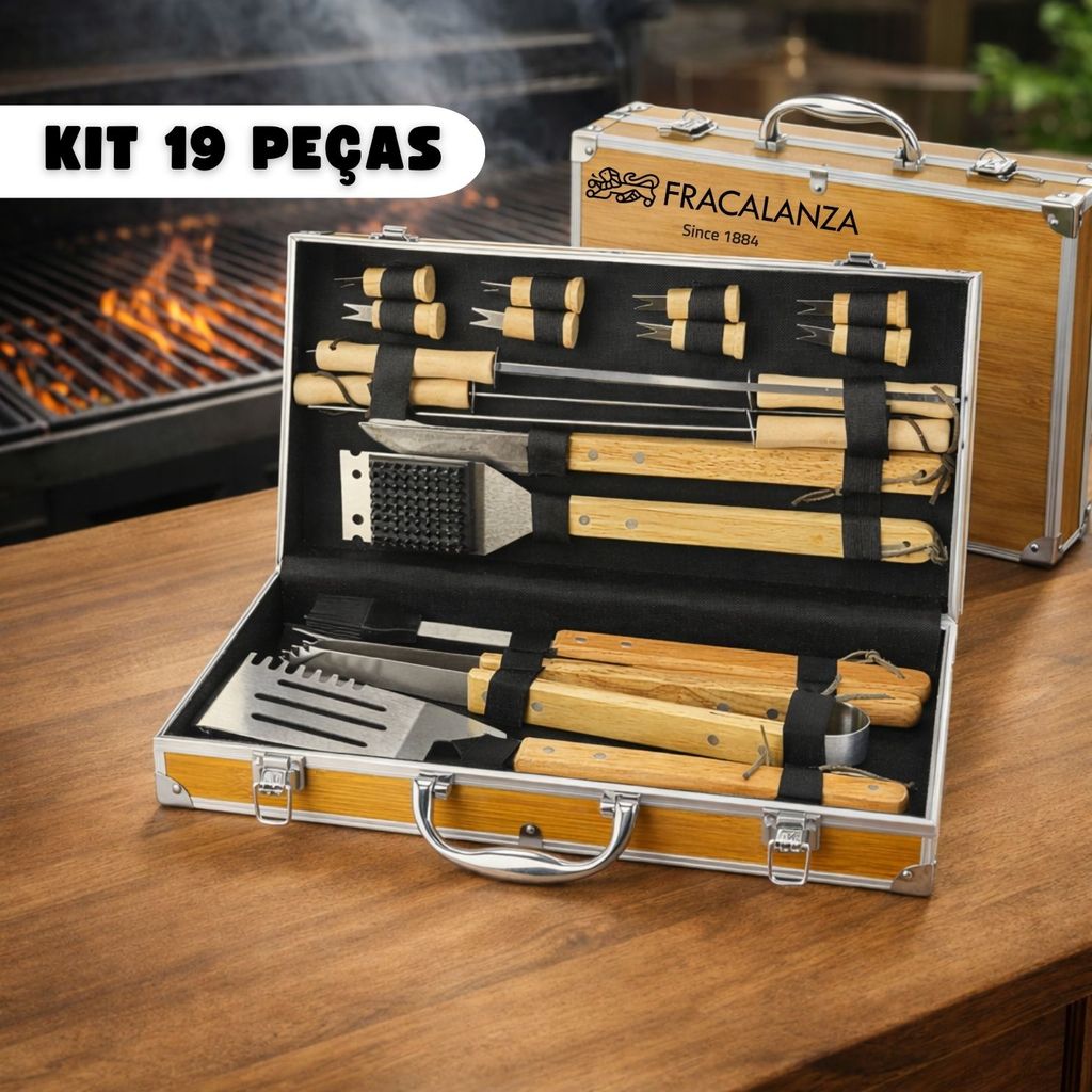 Kit Churrasco de Aço Inox 19 Peças com Maleta Cabo Estendido Fracalanza