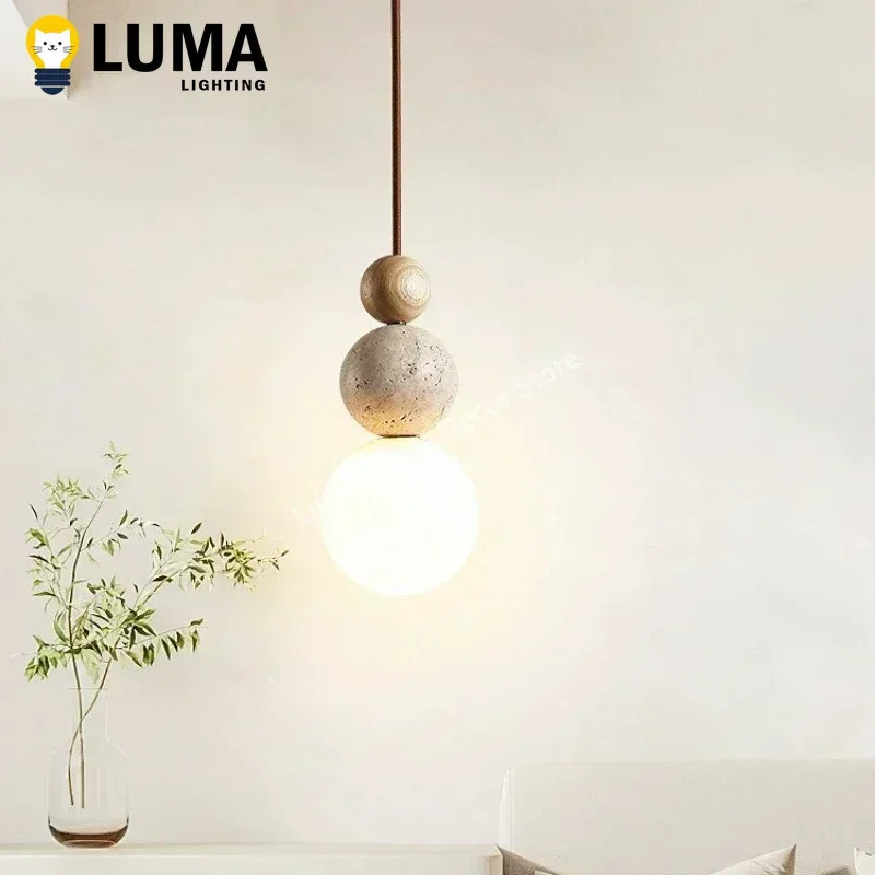 Luma Estilo Creme Amarelo Travertino Luzes Pendentes , Pedra Da Natureza Lâmpadas Suspensas De Madeira Para Quarto Cabec