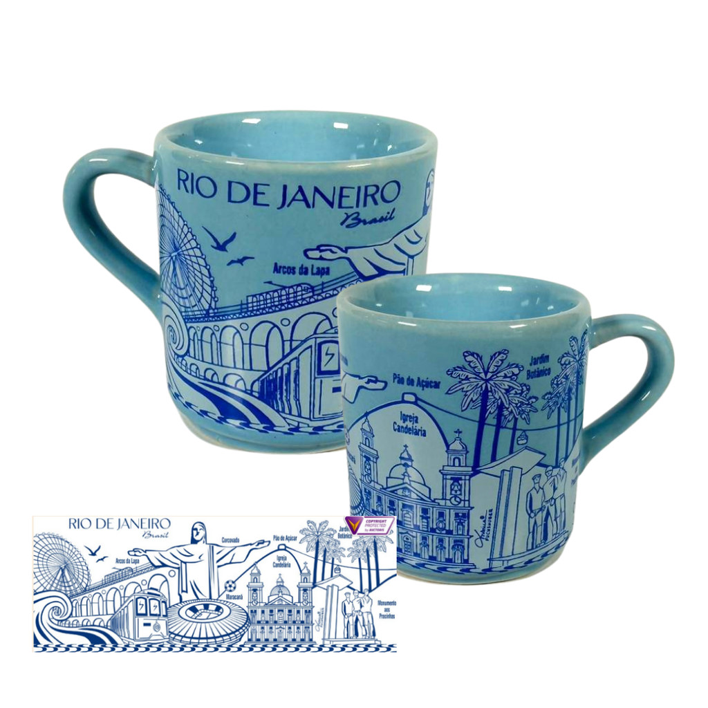 Xícara de Café Rio de Janeiro RJ Contornos - 50ML Azul - Lembrança Caneca Cristo Redentor Copacabana