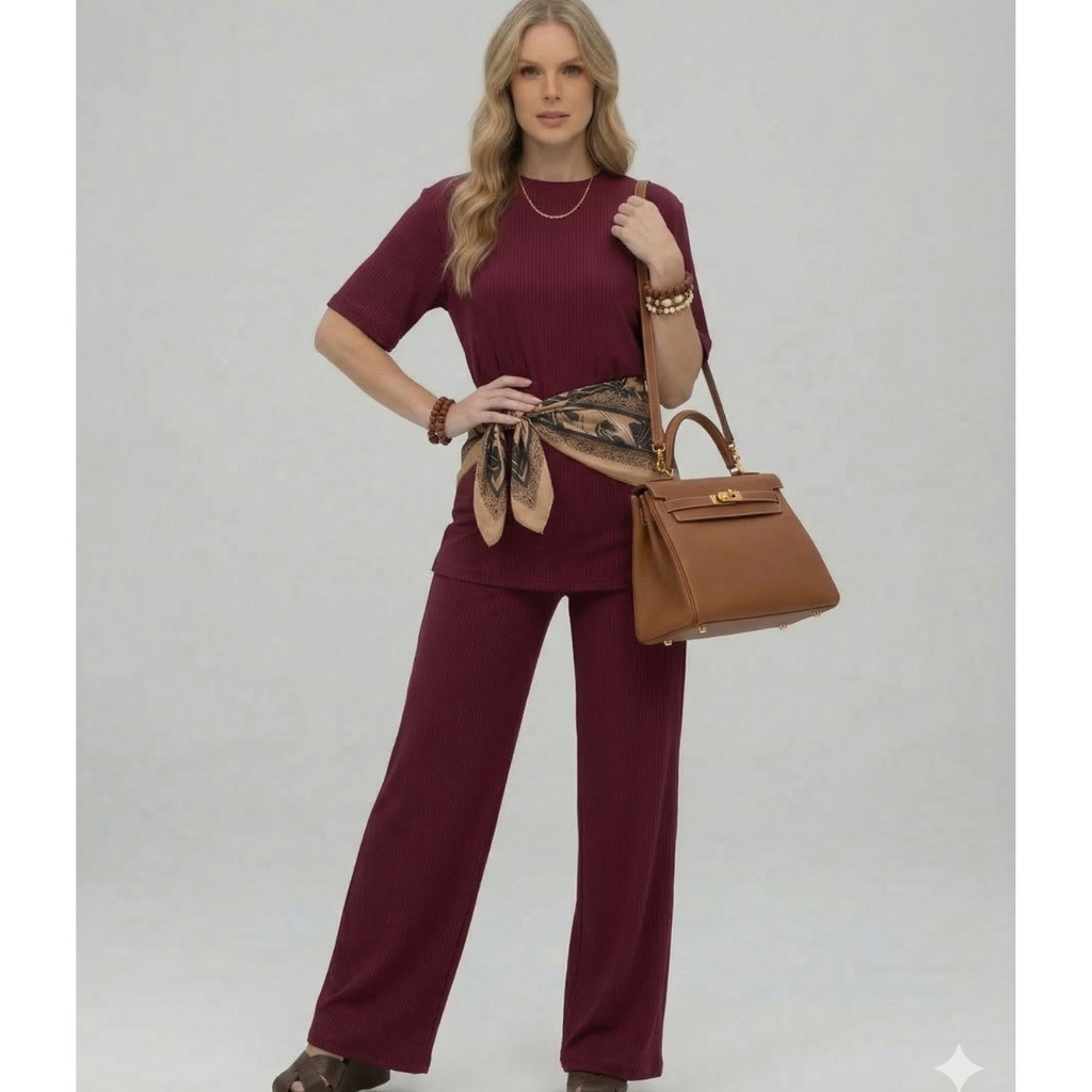 Conjunto Feminino Elegante Calça Pantalona com Blusa Manga Curta – Look Moderno