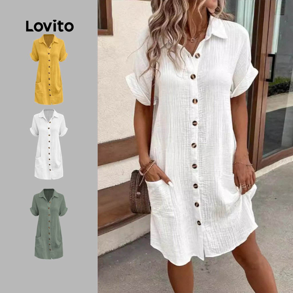 Lovito Vestido Branco Primavera/verão para Mulheres com Botões Na Frente LNL130108 em Oferta na Shopee