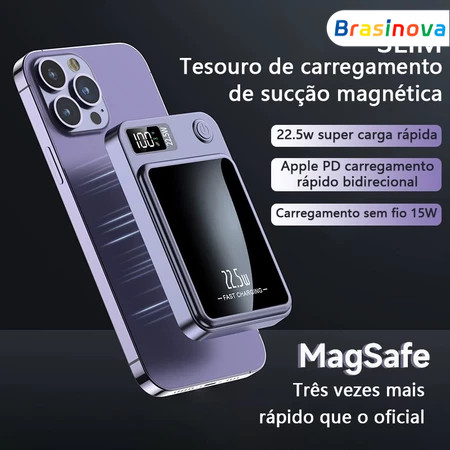 Bateria Portátil 10000mAh com Carregamento por Indução MagSafe e Tela LED, Compatível com iPhone e Android