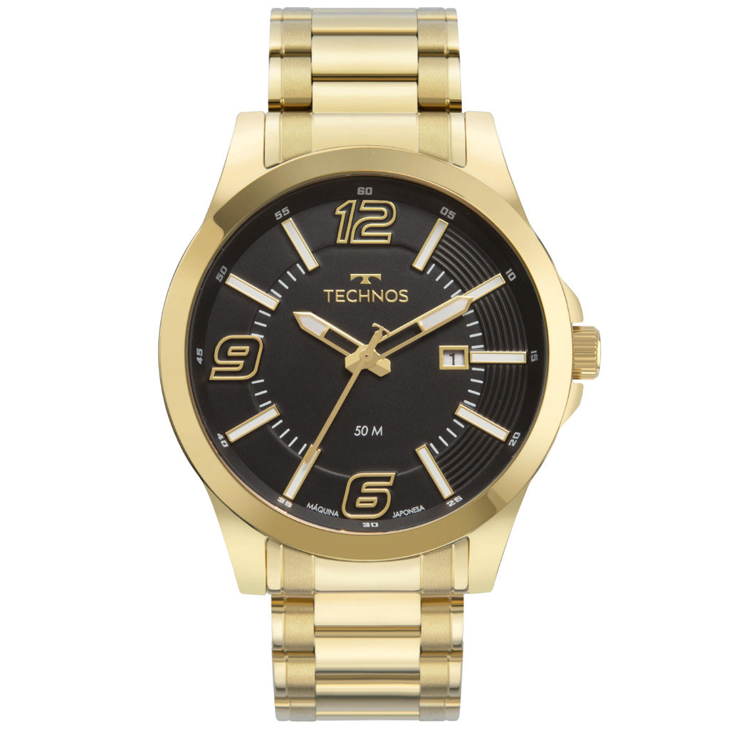 Relógio Pulso Masculino Technos 2115MWPS1P Racer Básico Dourado Fundo Preto Analógico Pulseira Aço Prova D'água 50m